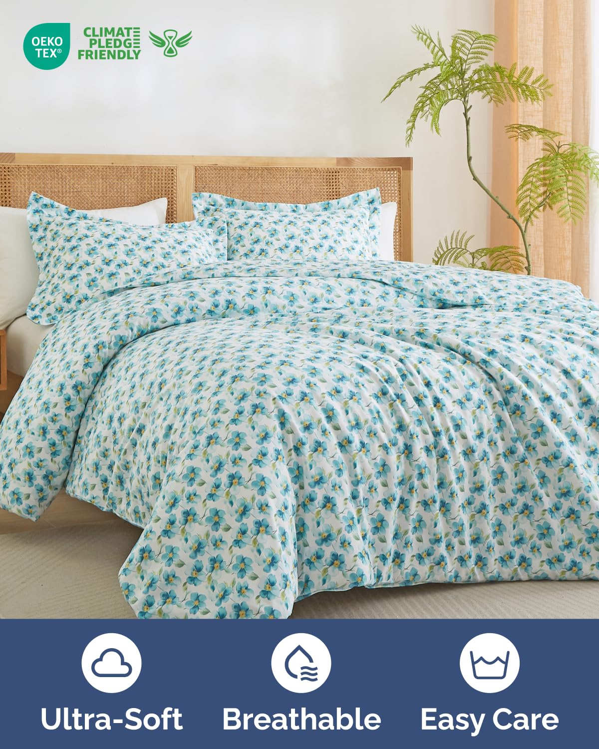 Duvet Cover Queen Size Set - Extra Soft Floral Duvet Cover 90 x 90 with 2 Pillow Shams - Comfy, Cozy, Breathable Floral Bedding Set - Hotel Luxury & Fade Free w/ Zipper Closures and Ties - Blue Peony
