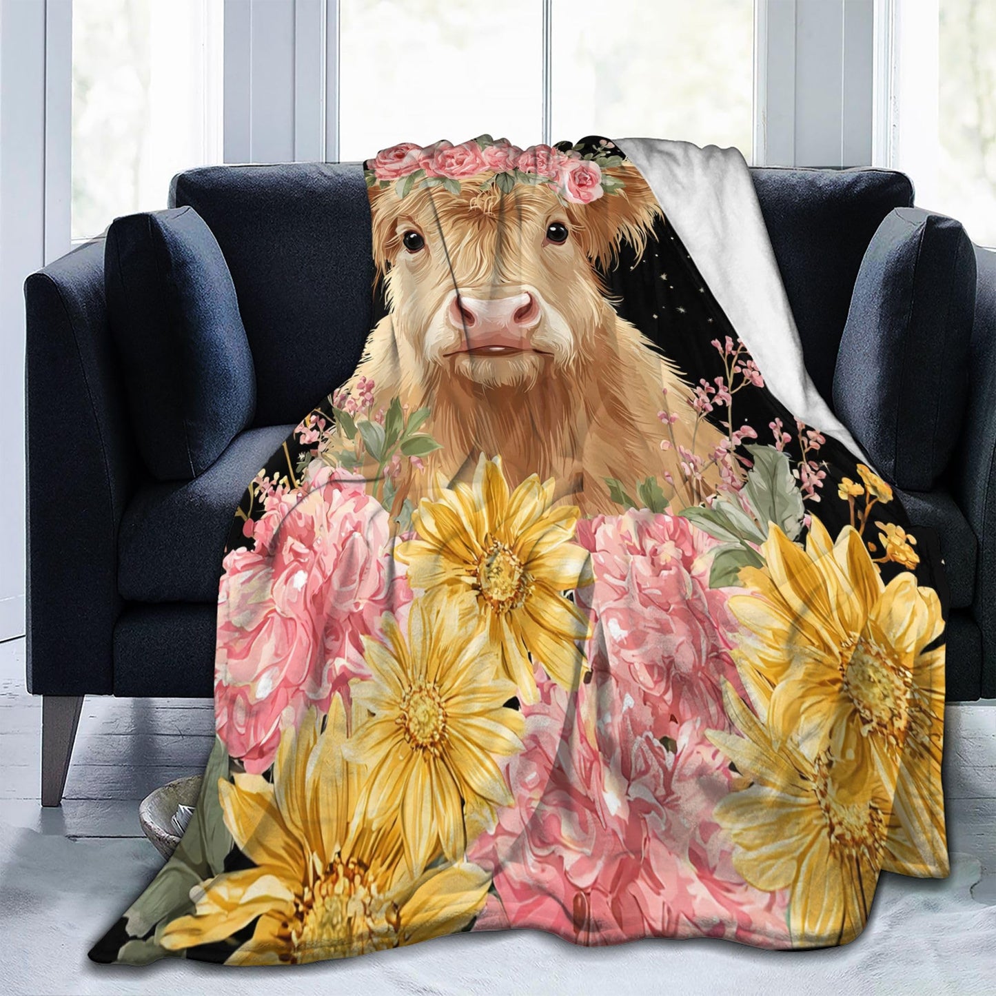 Highland Cow Throw Blanket Soft Warm Cozy Flower Cows Floral Blankets Fuzzy Plush Fleece Highland Cow Blanket Gifts for Couch Bed Sofa Home Decor 40''X50''