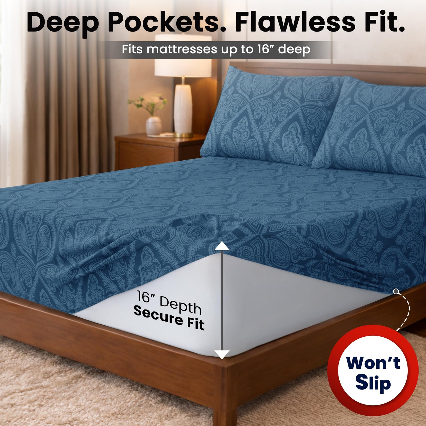 Ultra Soft Wrinkle-Free Microfiber Paisley Queen Sheet Set, Cute Floral Pattern Boho Print – 16" Deep Pocket Fitted Sheet, Flat Sheet & 4 Pillowcases, Breathable, OEKO-TEX - Navy Blue