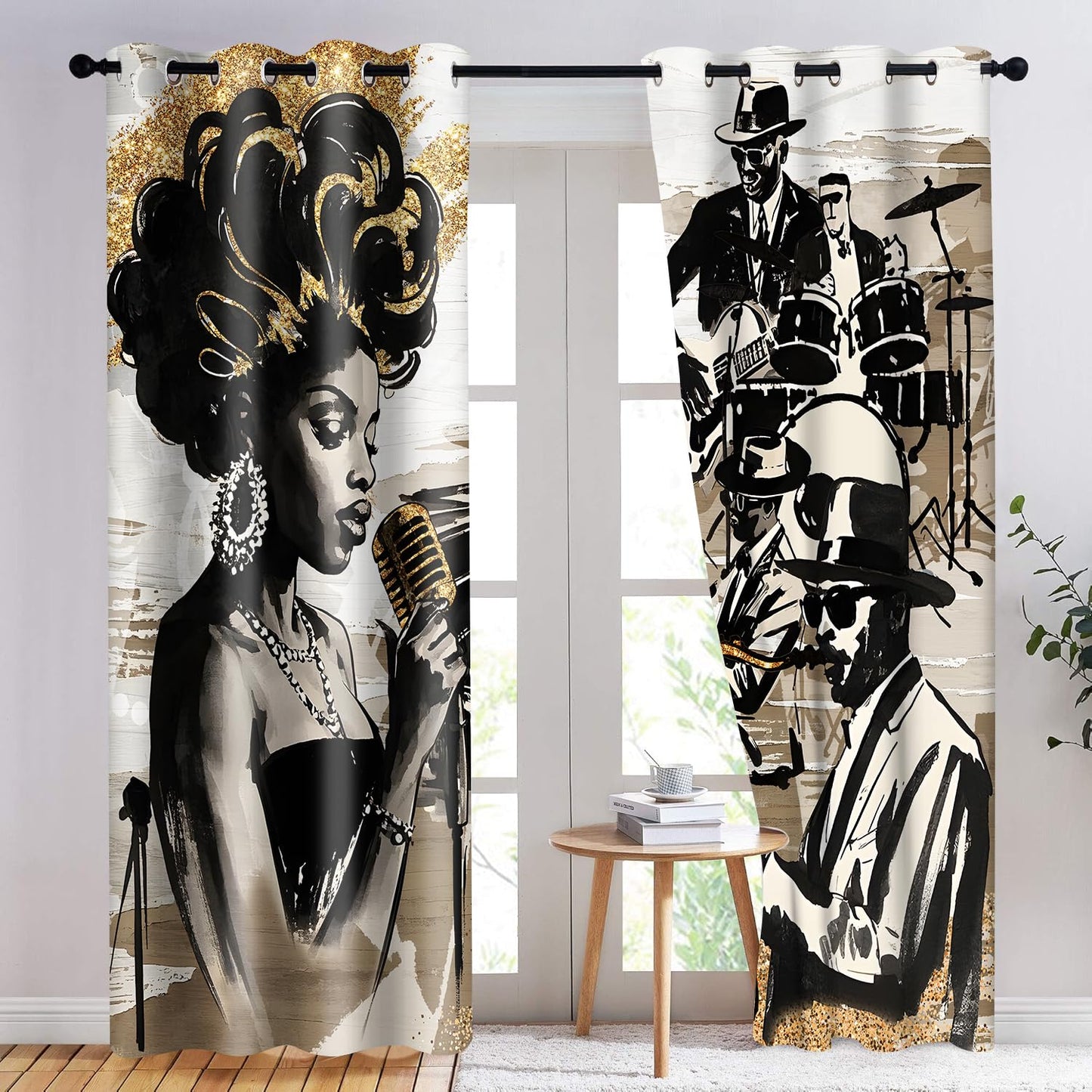 HIYSMT American Woman Jazz Music Curtains African Black Girl Singing Jazzist Band Blackout Curtain Afrocentric Black Gold Modern Art Treatments for Music Room Bedroom 4284inch 2Panel HI028DX