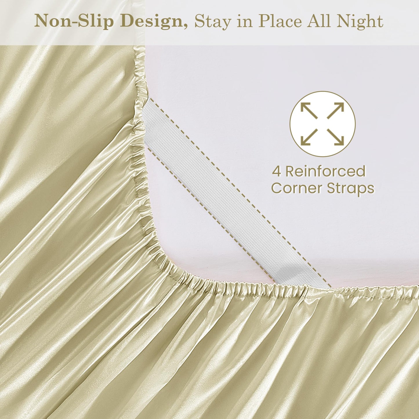 lasoftan Silk Satin King Sheets Set, Silky Fitted Bed Sheets with 15" Deep Pocket & Non-Slip Corner Straps, Luxury Hotel Satin Sheets King Size, Champagne Summer Cooling Sheets & Pillowcase Set