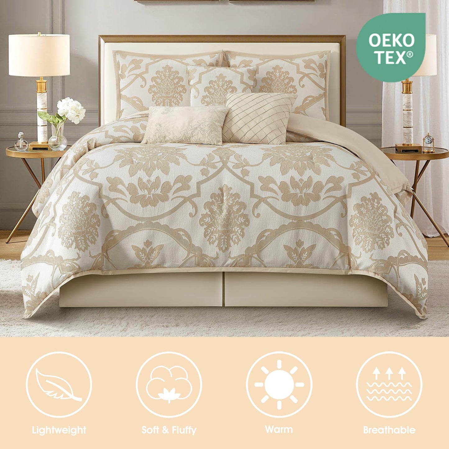 LANCO MODERN LIFESTYLE 7 Piece Gold Comforter Set, Queen, Elegant Jacquard Floral Bed in a Bag, Microfiber Bedding All Seasons with Pillow Shams, Decorative Pillows and Bed Skirt