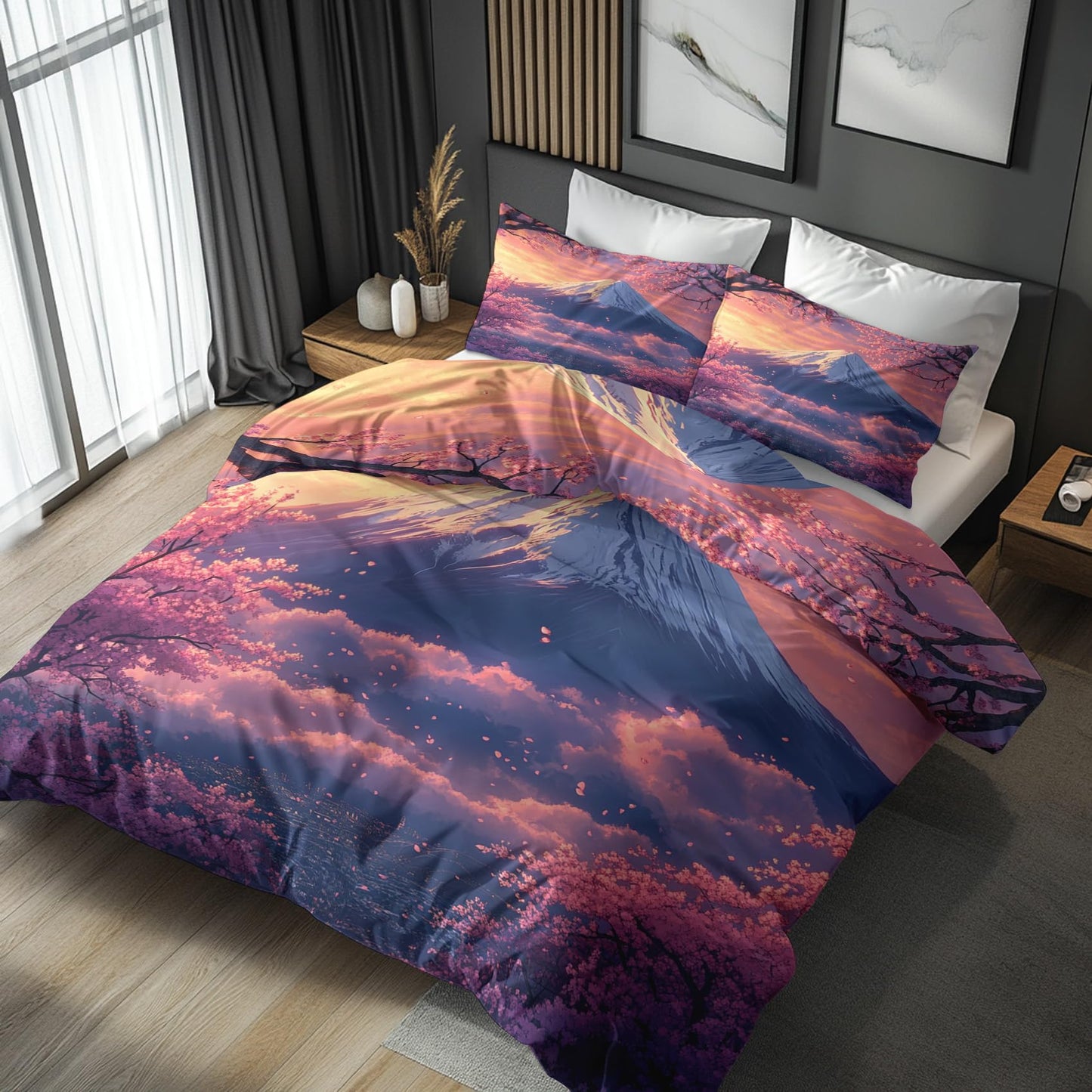 zcwl Japanese Landscape Duvet Cover Oversized King Size | Mount Fuji Bedding Set | 3 Piece | Soft Microfiber Patterned Comforter Cover with Zipper Ties & 2 Pillowcases | Cherry Blossom Bedroom Decor