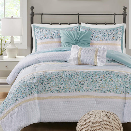 Madison Park Comforter Set, Seersucker Floral King Size Comforter Sets, Microfiber Comforters, All Season Lightweight Comforter, Throw Pillows, Caralie, King/Cal King Aqua 5 Piece
