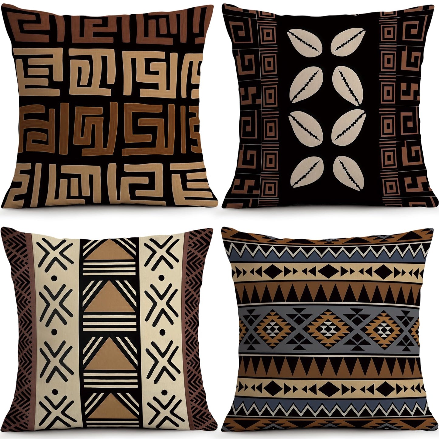 ORMAN African Ethnic Pillow Covers 18x18 Inches Set of 4, Retro Traditional Pillow Case for Couch Sofa Bedroom Living Room Outdoor