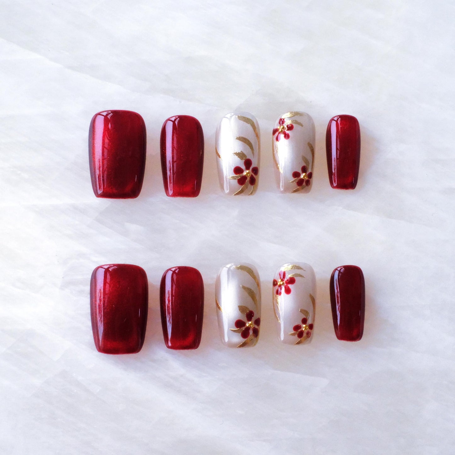 GLORS Press on Nails, Red Plum Embroidery Cat Eye False Nails with Gold Floral Design, medium ballerina Shape, 10 Pieces (Medium, MB)
