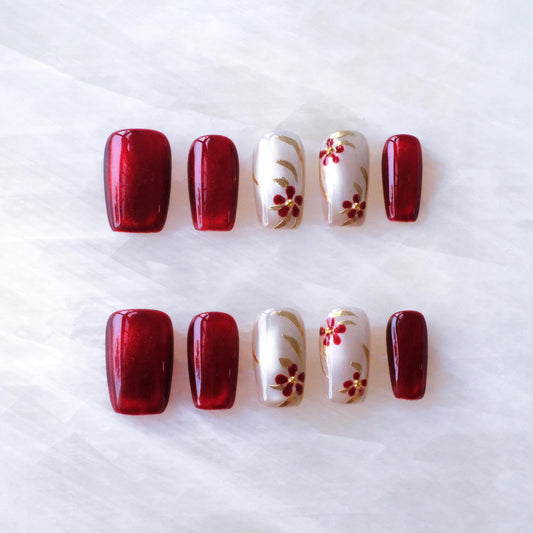 GLORS Press on Nails, Red Plum Embroidery Cat Eye False Nails with Gold Floral Design, medium ballerina Shape, 10 Pieces (Medium, MB)