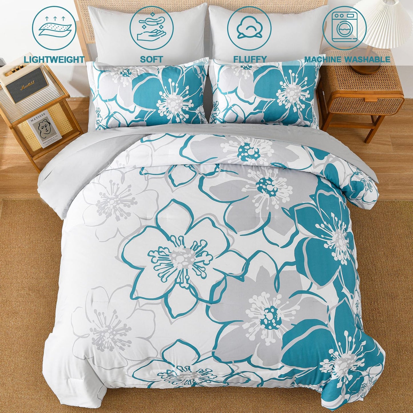 Anibedding Teal Floral Comforter Set Queen Size 7 Piece, Teal Blue Flower Bed in a Bag, Elegant Botanical Floral Comforter Soft Microfiber Complete Bedding Set for All Season, (Teal, 90"x90")