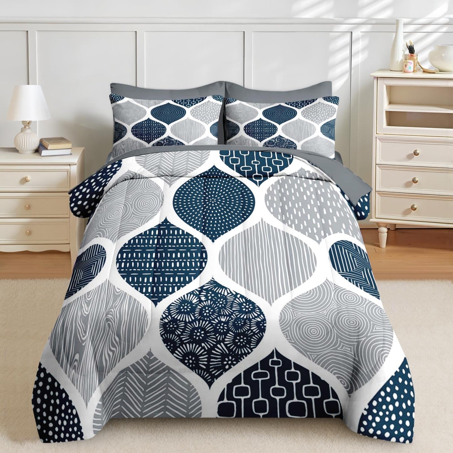 Nesker Comforter Set Queen Size, Boho Bohemian Abstract Blue Gray 7 Pcs Bedding for Kids and Adults, Indigo Geometry Grey Bed Sheet Sets with Fitted Sheet 2 Pillowcases & 2 Shams