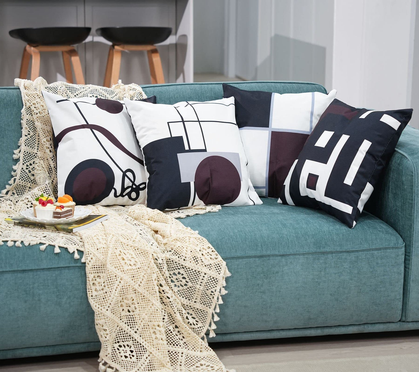 Black Wine Red Geometric Decorative Cushion Pillow Covers Set of 4 20" x 20" Modern Geometric Grey Black and Red Grid Stripe Decor Irregular with Hidden Zipper Home for Couch Bed