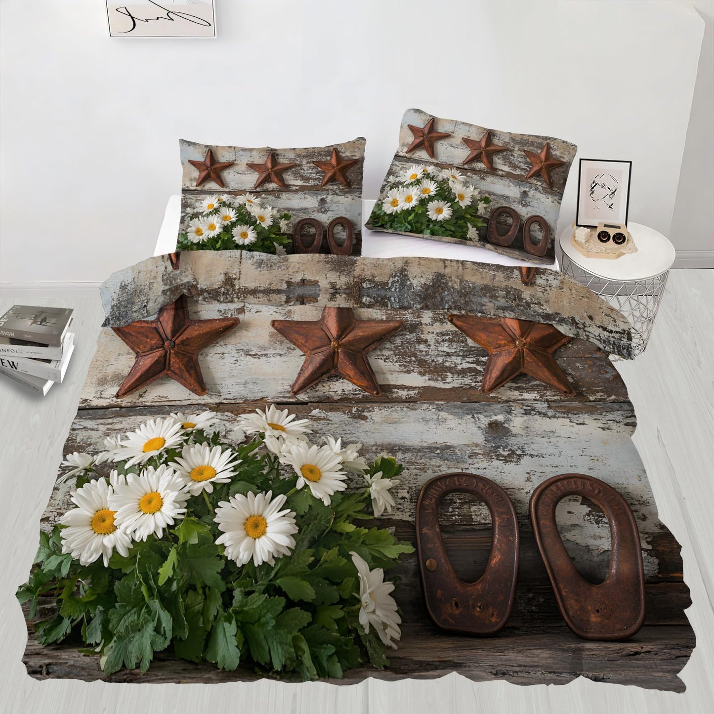 GKPLY Rustic Daisies Bedding Duvet Cover, Farmhouse Star Comforter Set with Zipper, Vintage Floral Duvet Cover Queen, 3 Pieces Countryside Bedding, 2 Pillowcases