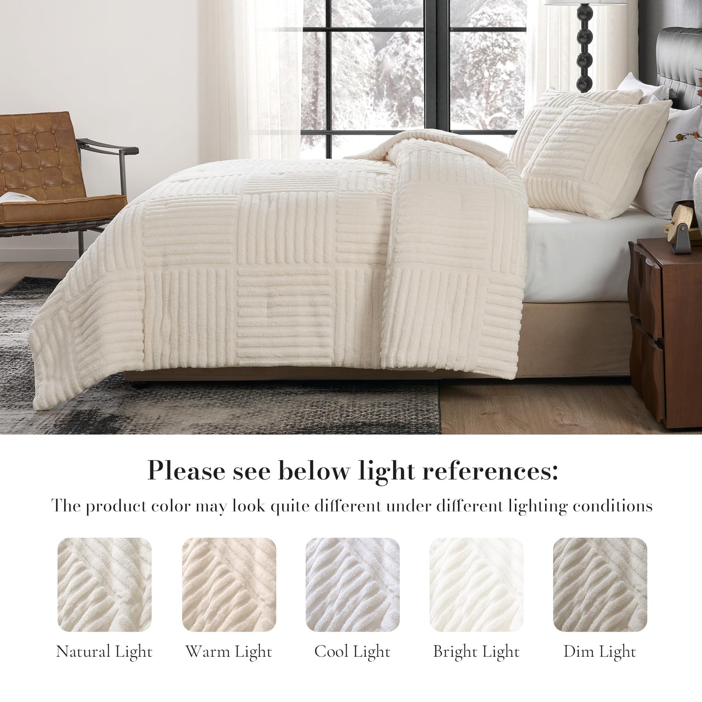 Amélie Home Fleece Comforter Set Queen Size, Beige Fleece Bedding Set with Stripe Jacquard, Soft Fluffy Bedding Set, 3 Pieces, 1 Warm Comforter and 2 Pillowcases