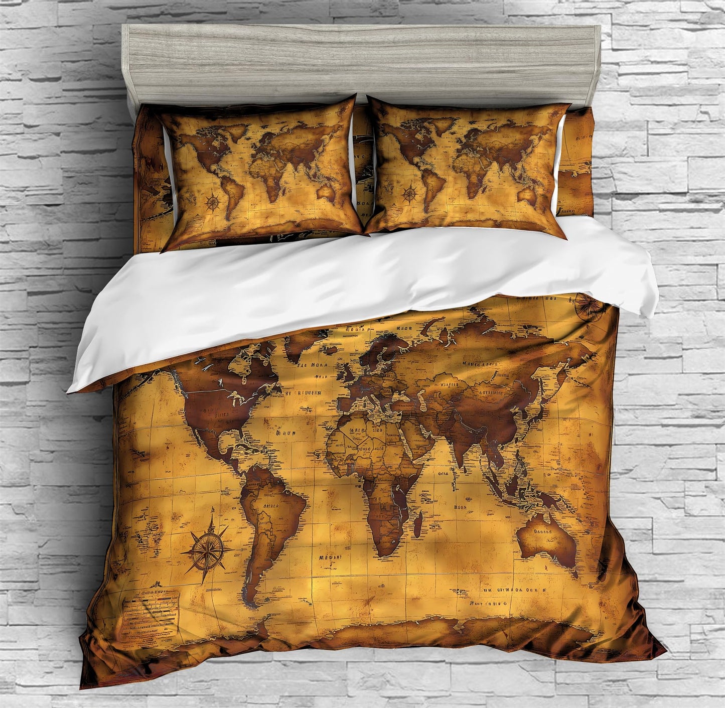 REALIN Classic Vintage World Map Duvet Cover Set Expeditions World Map Bedding Girl Boy Kids Bed Sets 3/4PCS Quilt Covers/Sheets/Pillow Shams,Twin/Full/Queen/King (A,Twin-172x218cm-3PCS)
