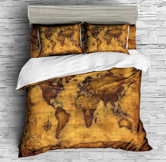 REALIN Classic Vintage World Map Duvet Cover Set Expeditions World Map Bedding Girl Boy Kids Bed Sets 3/4PCS Quilt Covers/Sheets/Pillow Shams,Twin/Full/Queen/King (A,Twin-172x218cm-3PCS)