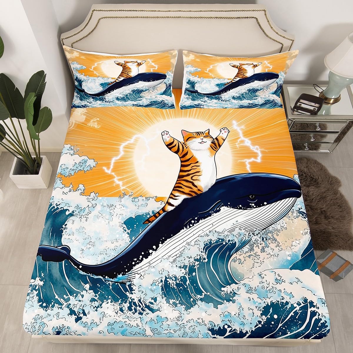 Feelyou Cute Cat Whale Bedding Sheets Full Japanese Ukiyoe Theme Bed Sheet Set for Adult Kids Cartoon Anime Fitted Sheet Navy Blue Bed Cover 3Pcs,1 Fitted Sheet+2 Pillow Sham（No Flat Sheet）