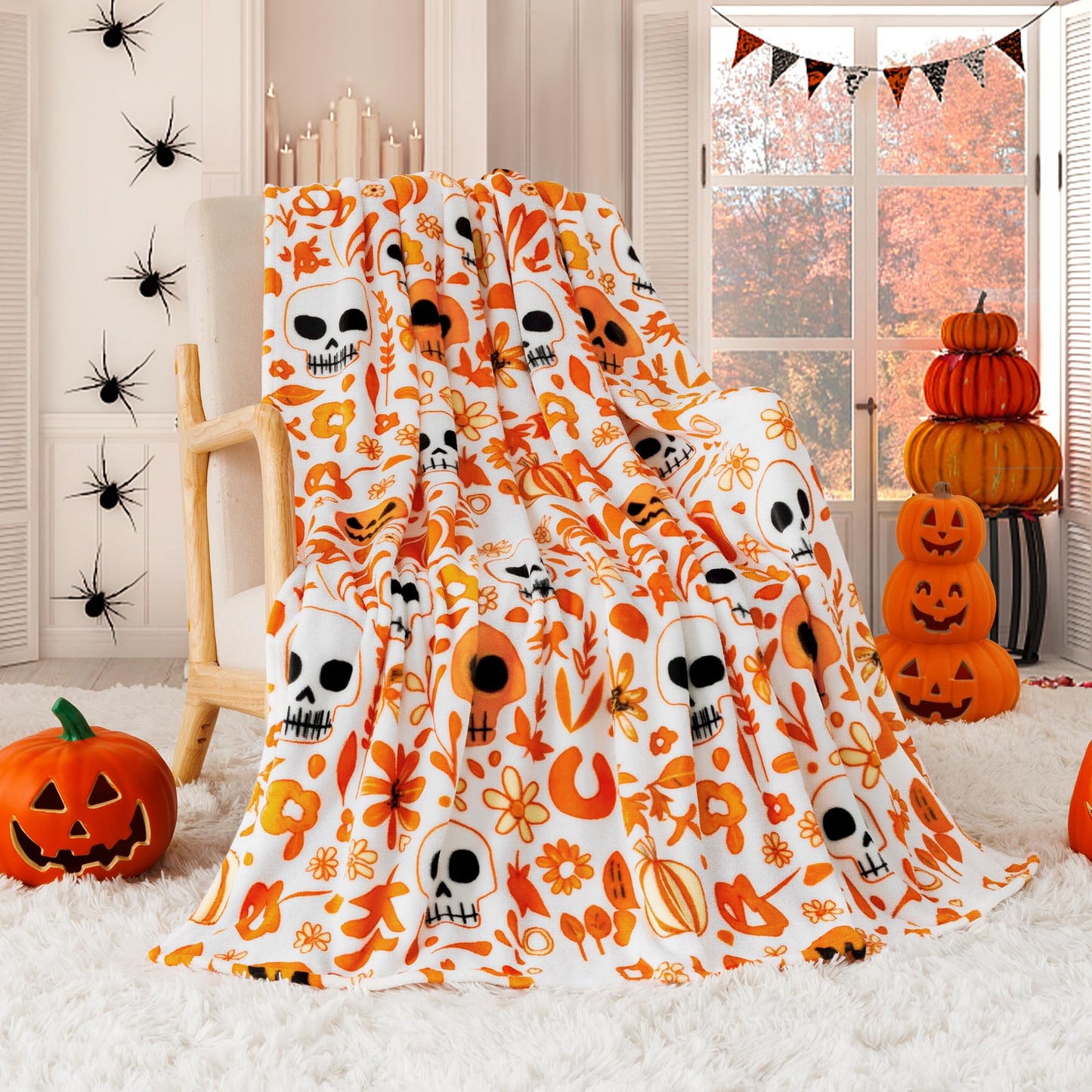 ROMROL Fall Blanket Halloween Throw Blanket, Ghost Blankets, Pumpkin, Fall Throw Blanket Autumn Harvest Plaid Blankets, Soft Fuzzy Plush for Couch Sofa, Flannel Blanket, Halloween Decor (50" x 60")