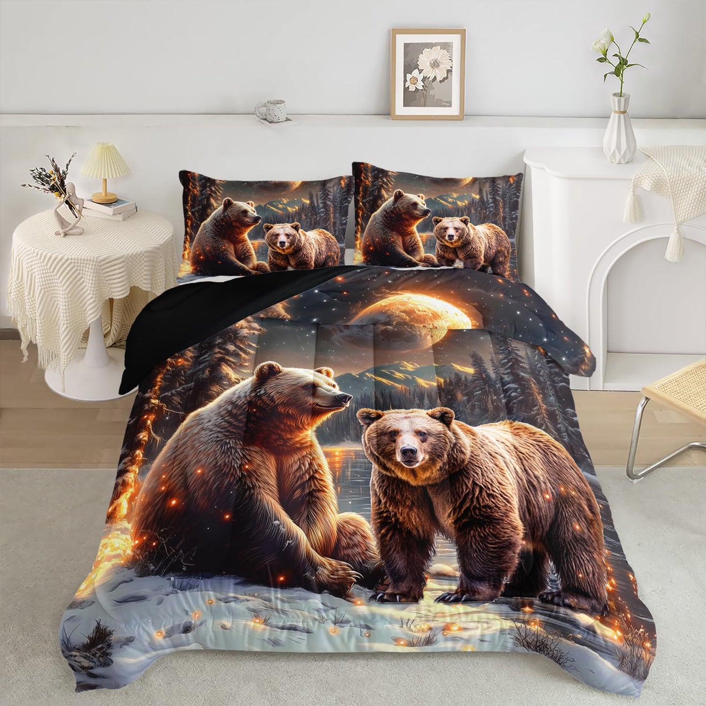 AILONEN Boys Rustic Bear Bedding Set Queen Size,Starry Brown Bear Comforter with 2 Pillowcases,3-Piece Snow Animal Soft Duvet Set