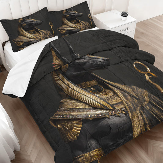 Ancient Egypt Comforter Set King Size, Anubis Print Bedding 3 Pieces, Soft Fluffy Lightweight Microfiber with 1 Comforter and 2 Pillow Shams for All Season, Cozy Bed Set for Bedroom Decor