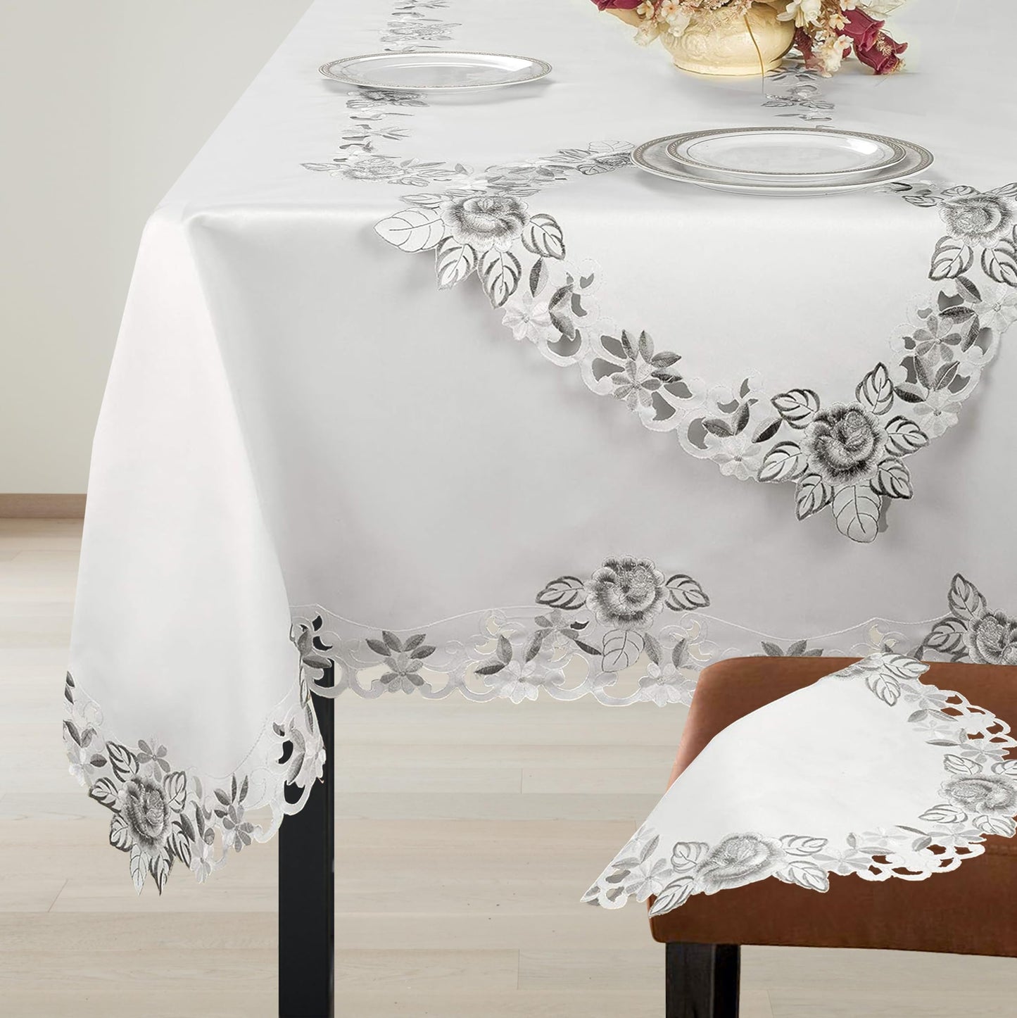 Decozen Ivory Table Cloth - Rectangle Lace Linen Tablecloth Intricate Cutouts Embroidery for Kitchen Dining Room Table Home Decor Wedding Receptions - 60 x 120 inches - The Alois Collection