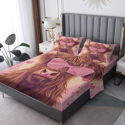 NOGAWA Highland Cow Cool Sheets Queen Size, Kids Girls Pink Funny Bed Sheets, Bedding Sheets & Pillowcases 4 Piece Set - Soft Microfiber Deep Pocket Fitted Sheet & Flat Sheet & 2 Pillow Cases