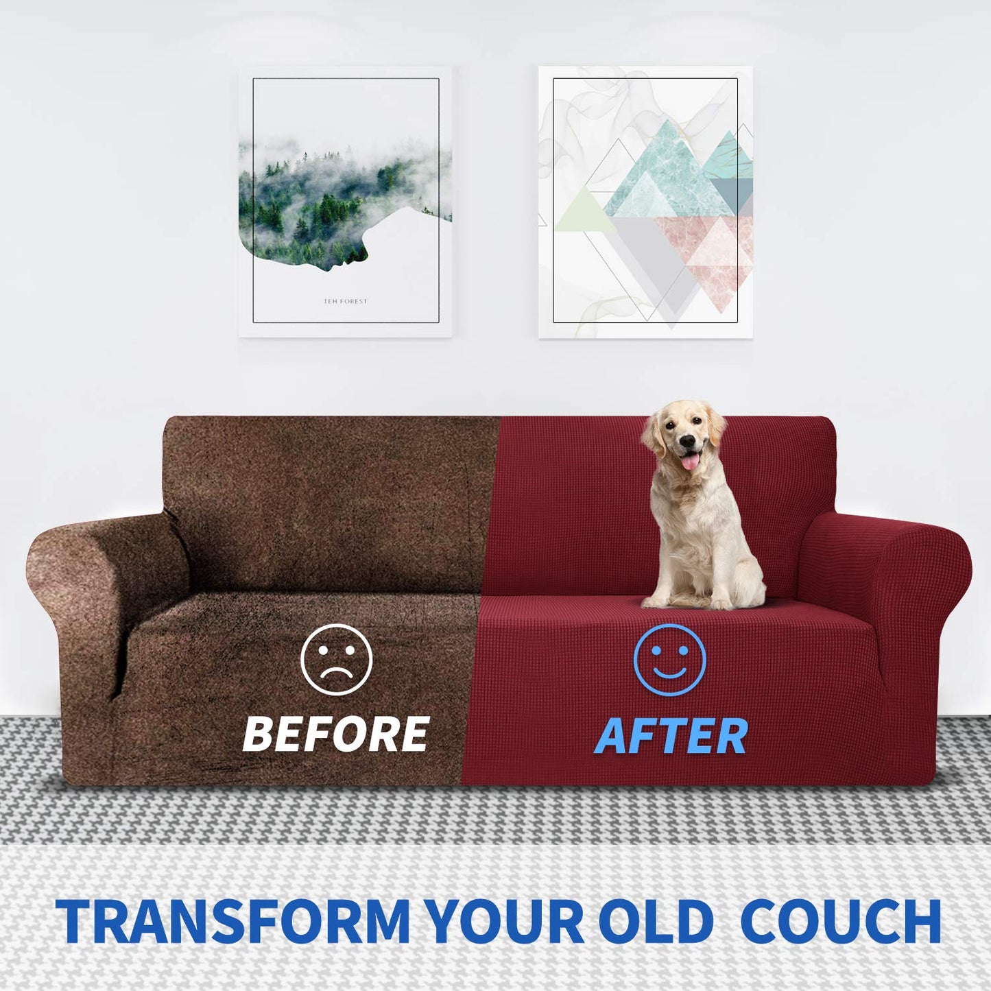 MAXIJIN Super Stretch Couch Cover for 3 Cushion Couch, 1-Piece Universal Sofa Covers Living Room Jacquard Spandex Furniture Protector Dogs Pet Friendly Fitted (Large, Wine Red)