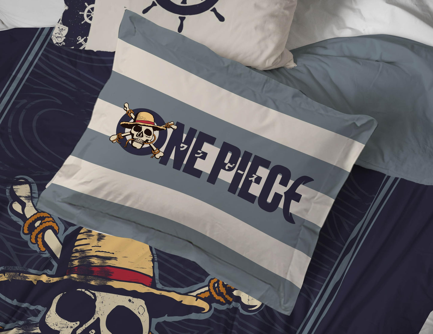 Jay Franco One Piece Full Size Comforter Set - 7 Piece Blue Bedding Includes Sheet Set & Pillow Covers - Super Soft Anime Bedding with Skull and Bones