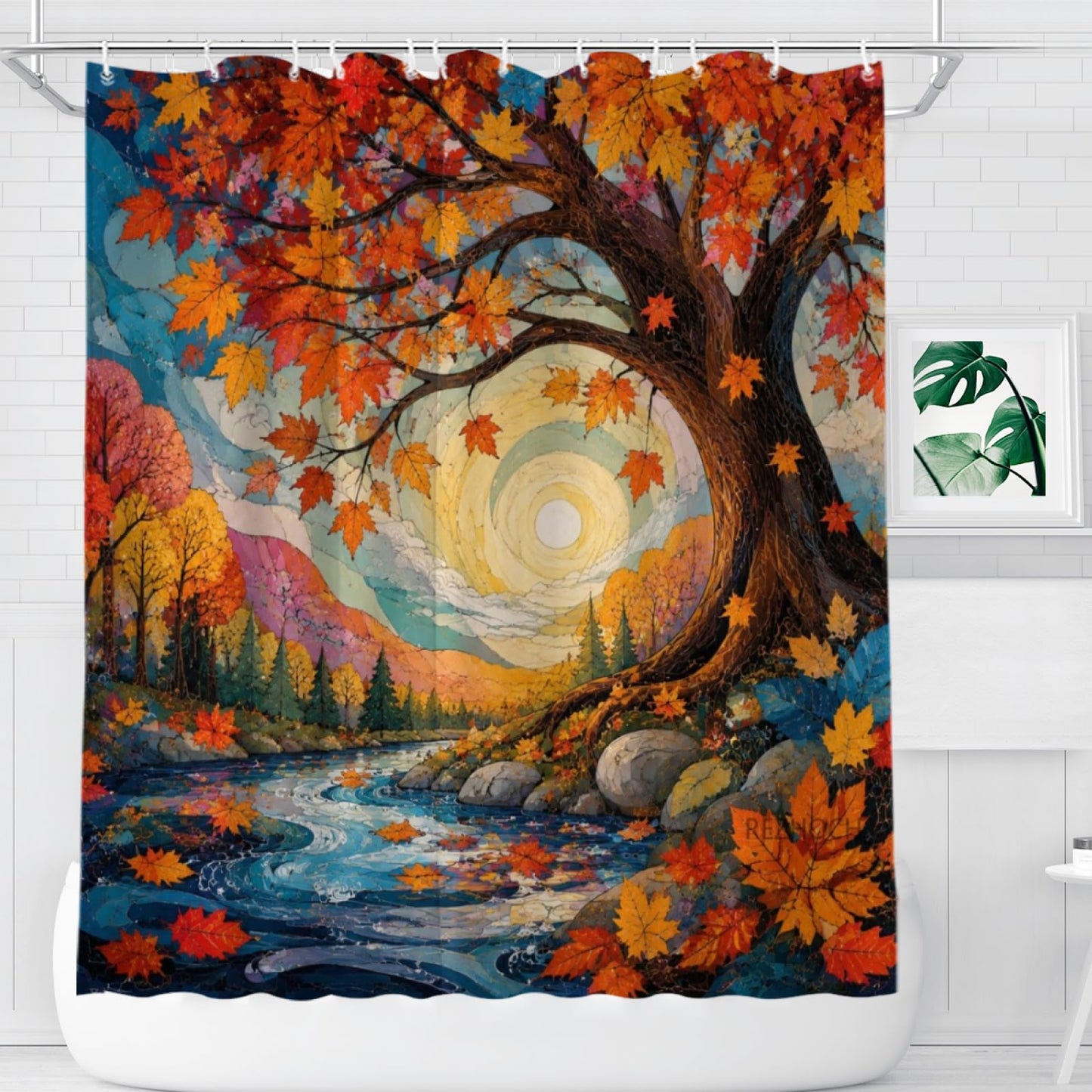 REZHOCH Autumn Bathtub Forest Shower Curtain 72x72 Inch,Fall Maple Leaves Lake View Rustic Tub Nature Landscape Artistic Bathroom Decor Bath Set with Hooks