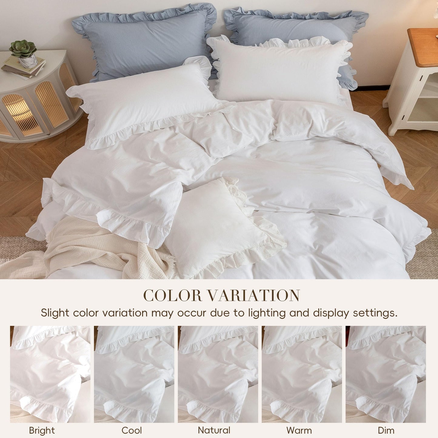 Ruffle Duvet Cover Queen Size: 100% Washed Cotton Linen Like Textured Soft