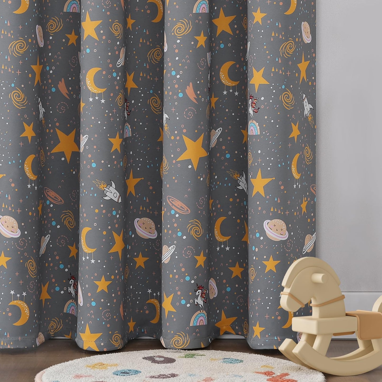 Estelar Textiler Planets Unicorn Printed Grey Blackout Curtains for Nursery Bedroom, Thermal Insulated Room Darkening Star Moon Pattern Grommet Window Drapes for Toddler Room,Gray, W38 x L63, 2 Panels