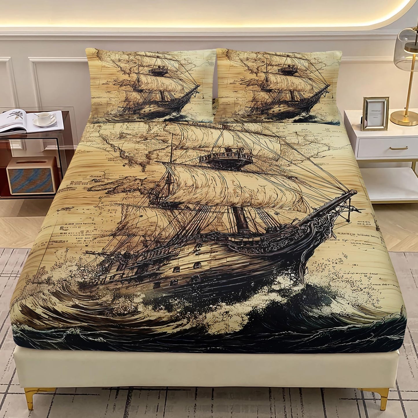AILONEN Ocean Voyage Theme Fitted Sheet Set for Kids Girls Adult Women,Anchor Nautical Bedding Set Twin XL Size,Printed Printed Bed Sheet Set,3-Piece 1 Sheet Set + 2 Pillowcases