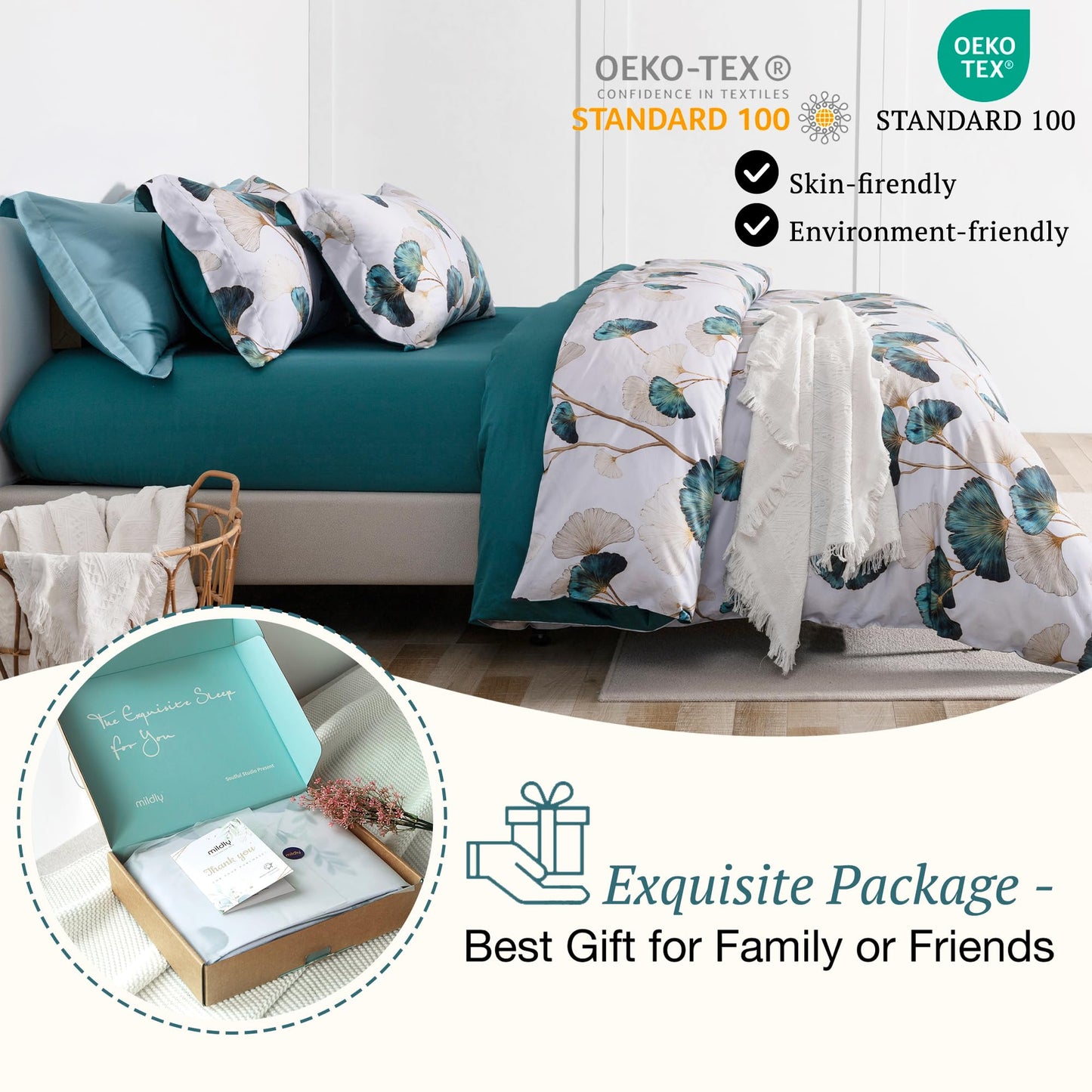 MILDLY 100% Long-Staple Cotton Duvet Cover Set Teal Green Gingko Leaf Pattern Printed Comforter Cover 3pcs, Ultra Soft & Breathable Bedding Set