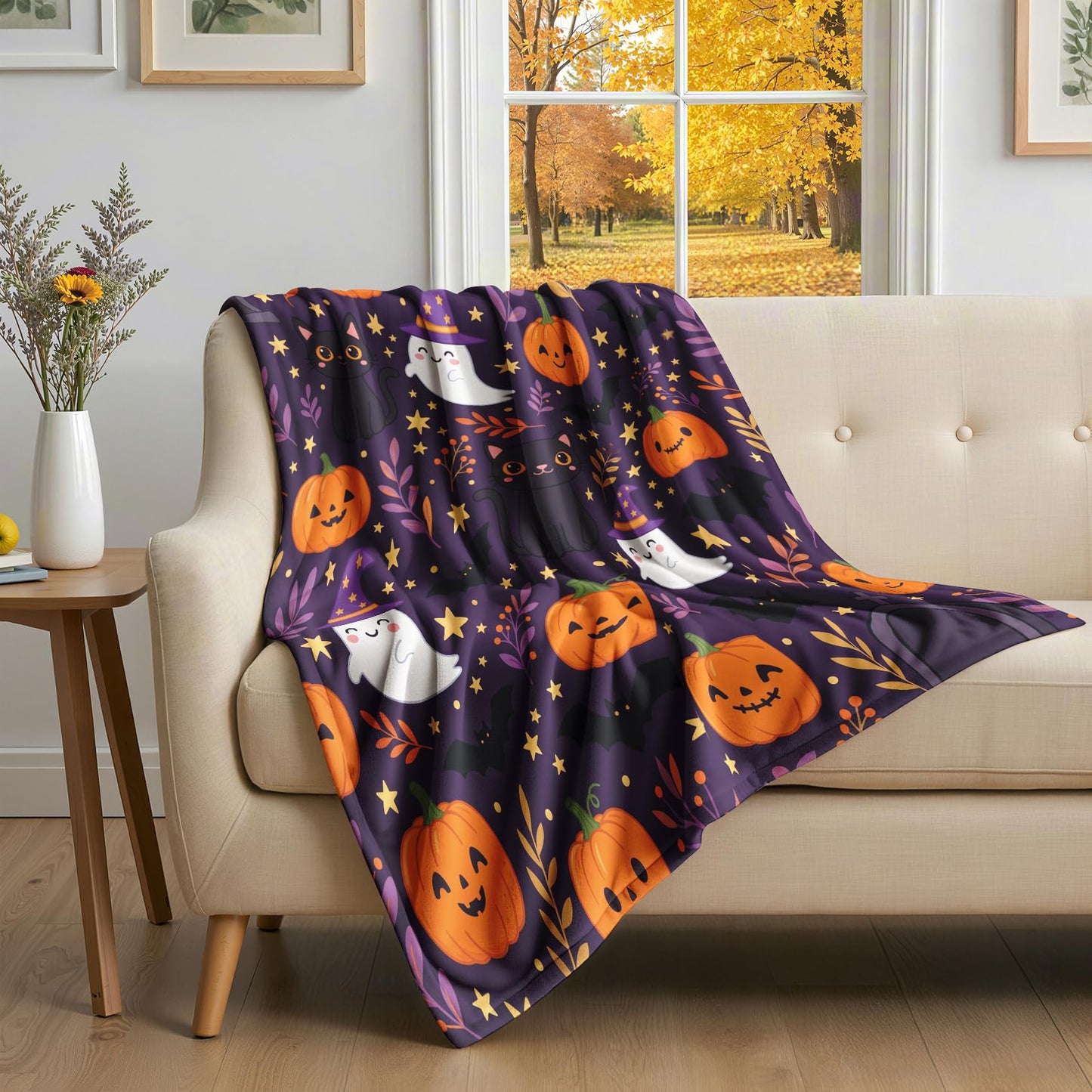 GEDAEUBA Pumpkin Blanket Cute - Halloween Ghost Jack O Lantern Bat Black Cat Fleece Blanket Throw, Soft Cozy Blankets & Throws for Couch, Bed, and Sofa, 50x60 inches