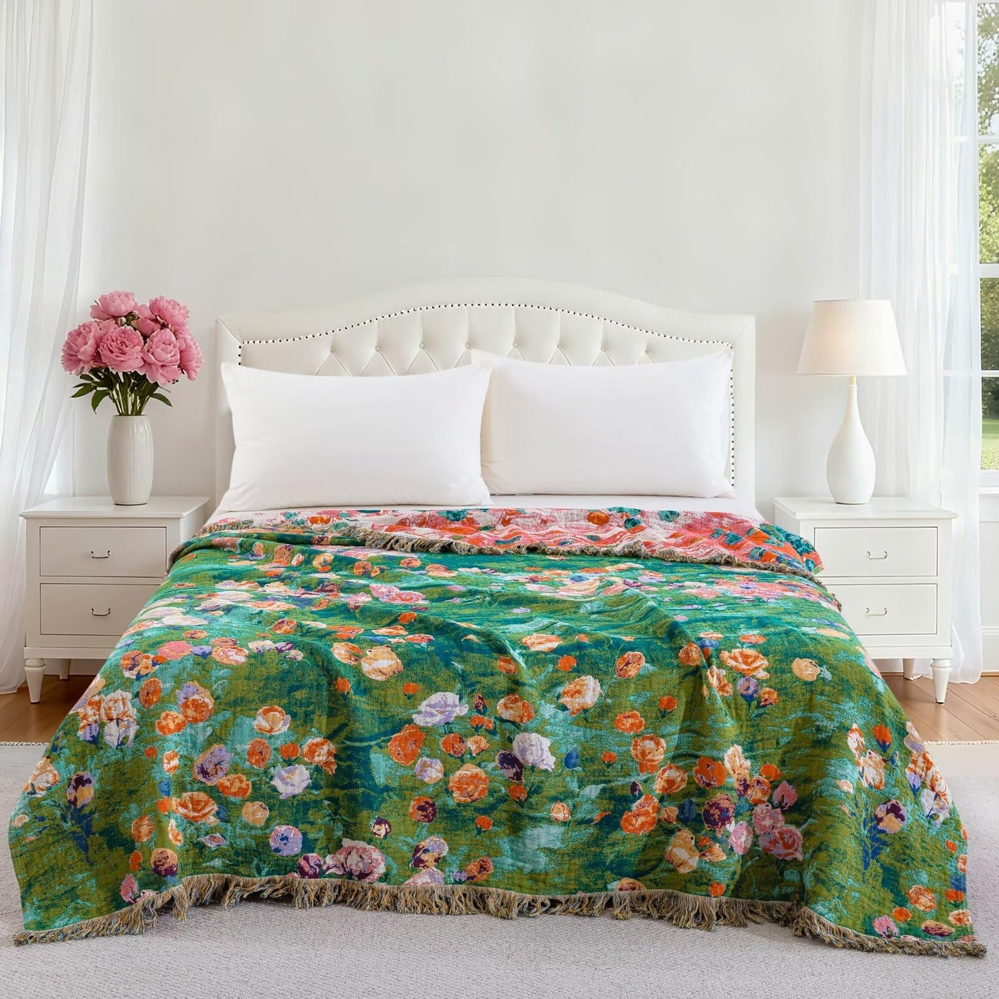 BRYALIX 100% Cotton Muslin Floral Blanket, Super Soft Throw Green for Couch, Bed Chair Quilt Travel Blankets, Reversible Jacquard Fall Coverlet, Lightweight Boho Farmhouse Picnic Blanket, 60"x80"