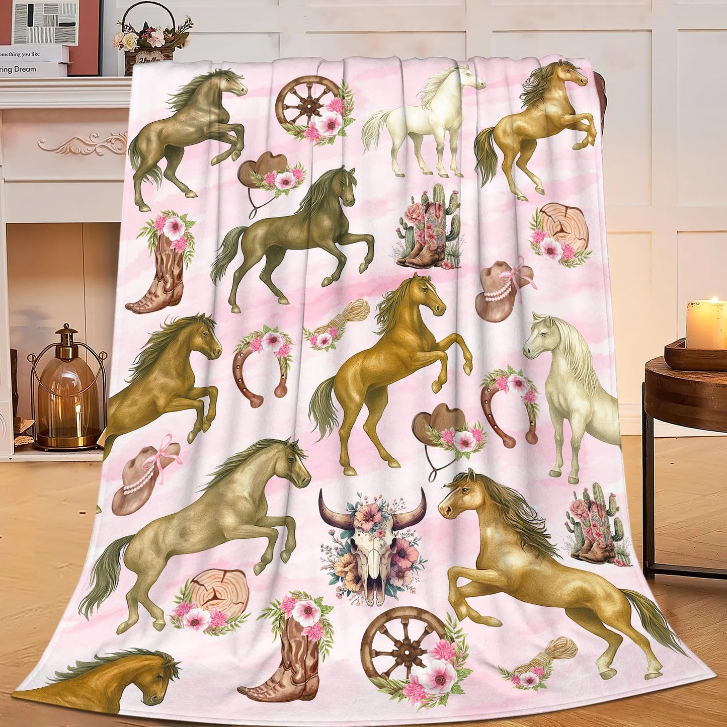 Western Cowgirl Throw Blanket Pink Cowgirl Horse Flannel Blankets Southwest Horses Plush Super Soft Cozy Warm Decor Gifts for Boys Girls Kids Adults Men Women 40" x 50"