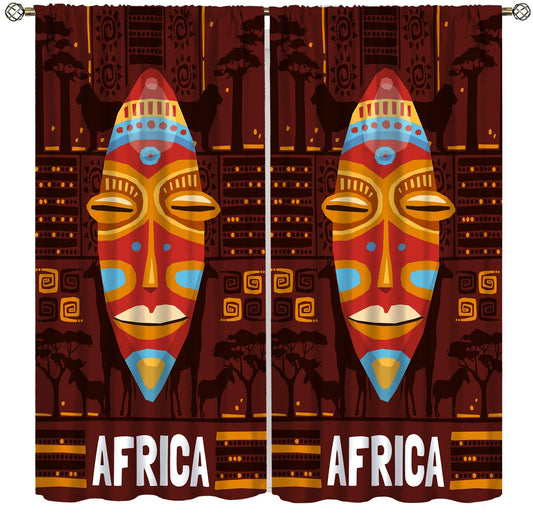 African Curtains for Kitchen Boho Retro Rural Tropical African Continent Primitive People Indigenous Cultural Totem Print Windows Treatments for Boys Girls Bedroom Living Room 42x44.5In（No Blackout）