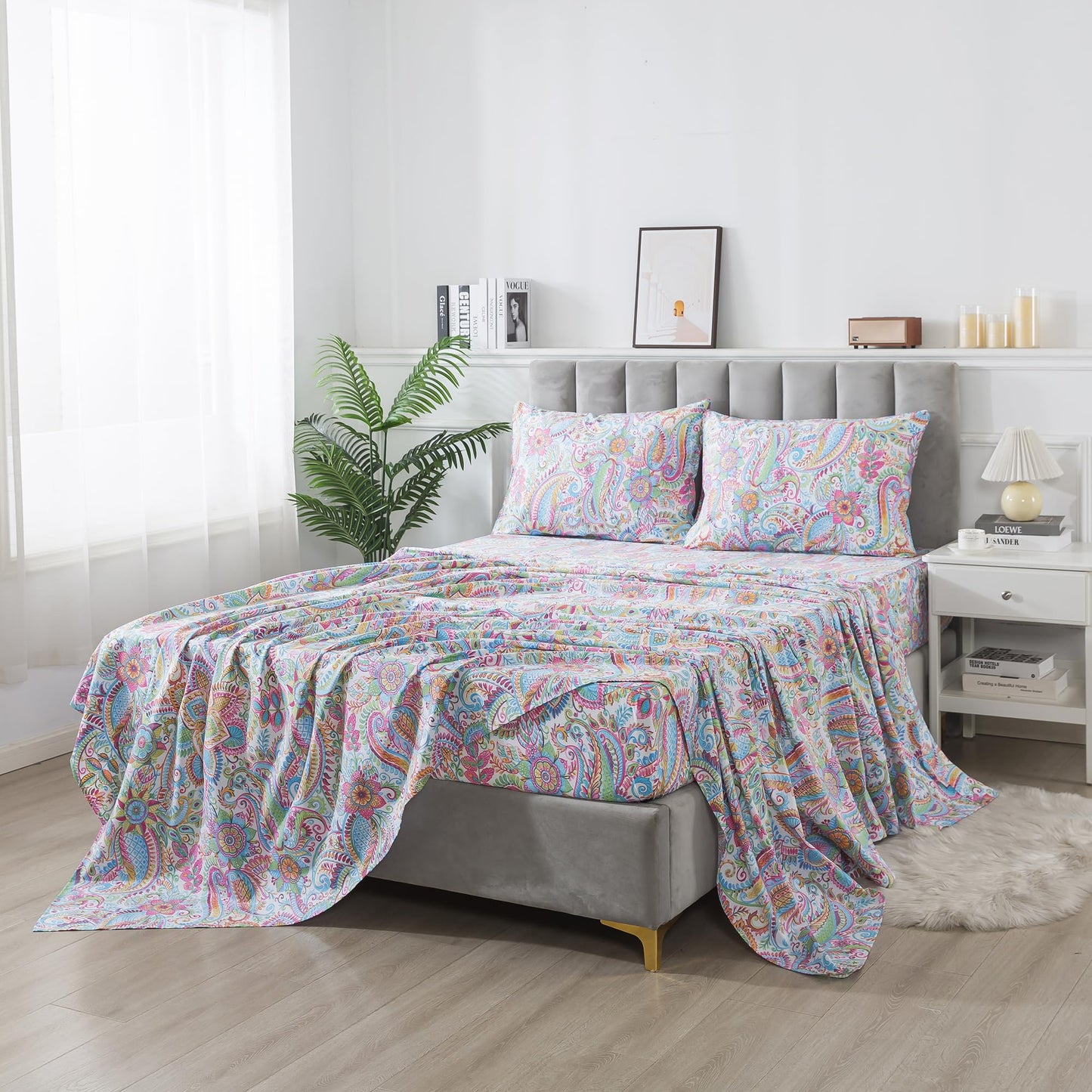 FADFAY Paisley Sheets Set Full Bohemian Damask Paisley Bedding Luxurious Boho Pink Paisley Bed Sheet Set Breathable Cotton Ultra Soft 17.5'' Deep Pocket Fitted Sheet 4Pcs, Full Size