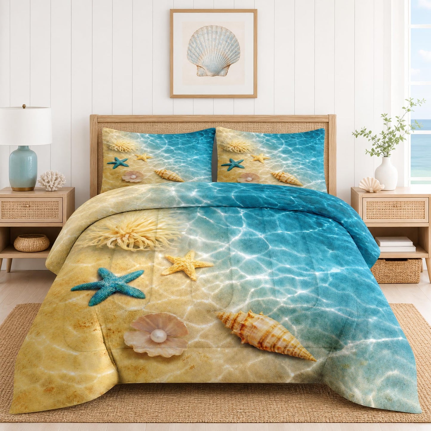 WeCozy Queen Size Comforter Set with 2 Pillowcases, Summer Marine Seashell Starfish Beach Ocean Soft 3 Pcs Bedding for Kids and Adults Bedroom Bed Decor