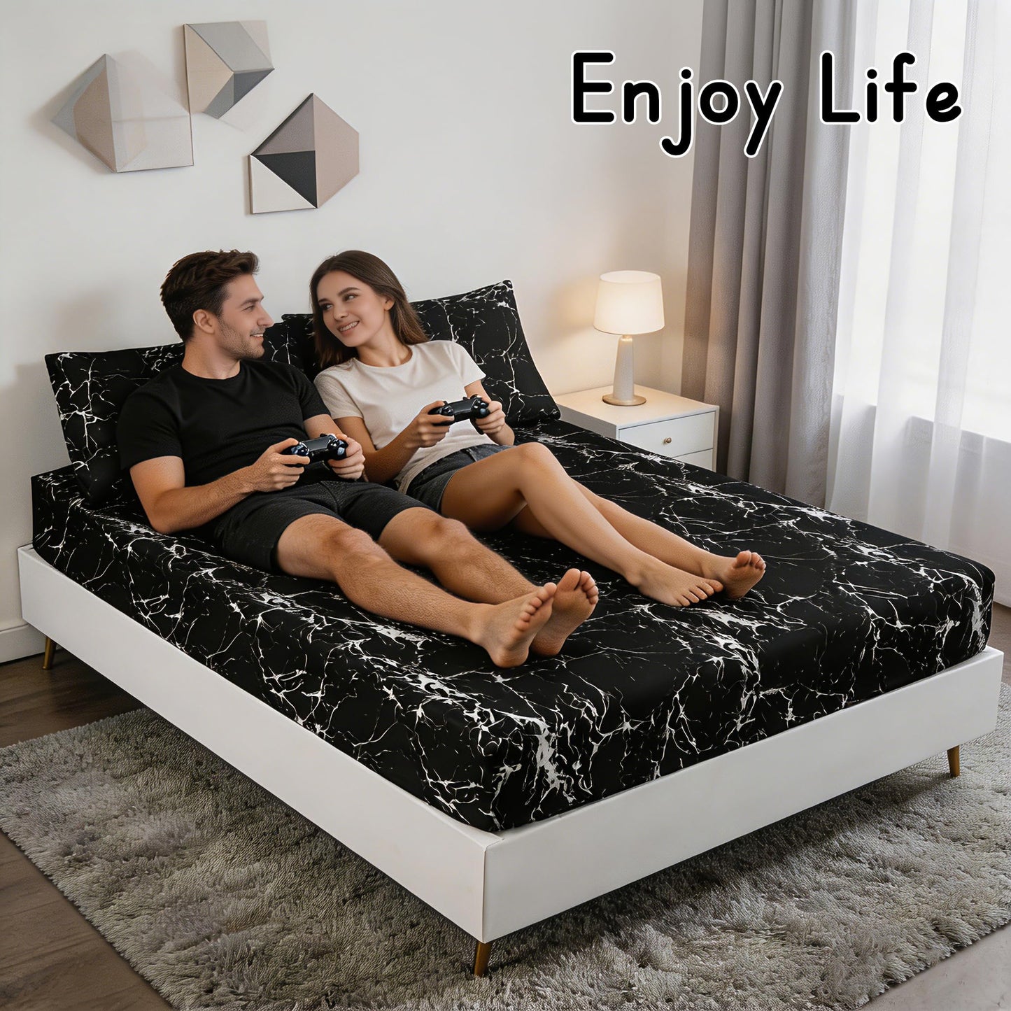 MAG 3PCS Black Marble Fitted Sheet Queen,Soft Microfiber Bed Sheets Included 1 Fitted and 2 Pillowcases,14 Inches Deep (Queen, Black)
