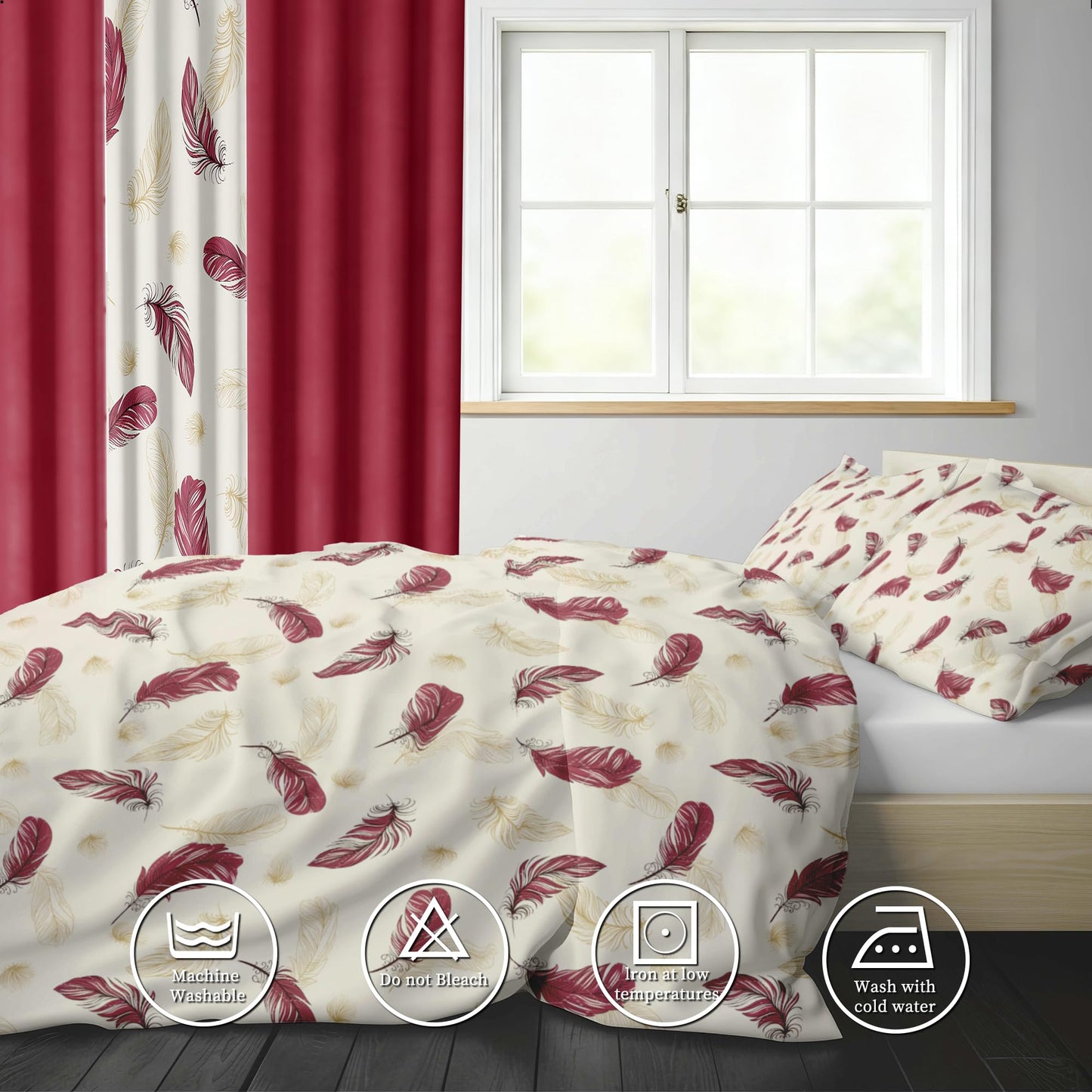 Deepsleep King Bedspread Set 9 Pieces, All Season Luxury Bed in a Bag for Bedroom, with 2 Pillowcases and 6 Curtains, Ultra-Soft Microfiber for Complete Bedroom Decor, Red and White Feather