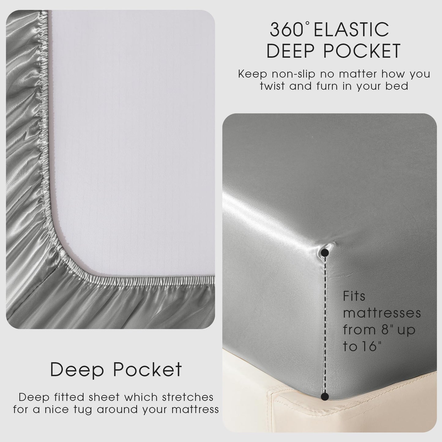 FreshCulture Satin Sheets Full Size - 4 Piece Luxury Soft Silky Full Size Bed Sheets, Similar to Silk Bed Sheet Set with 1 Deep Pocket Fitted Sheet, 1 Flat Sheet & 2 Pillowcases (Light Grey)