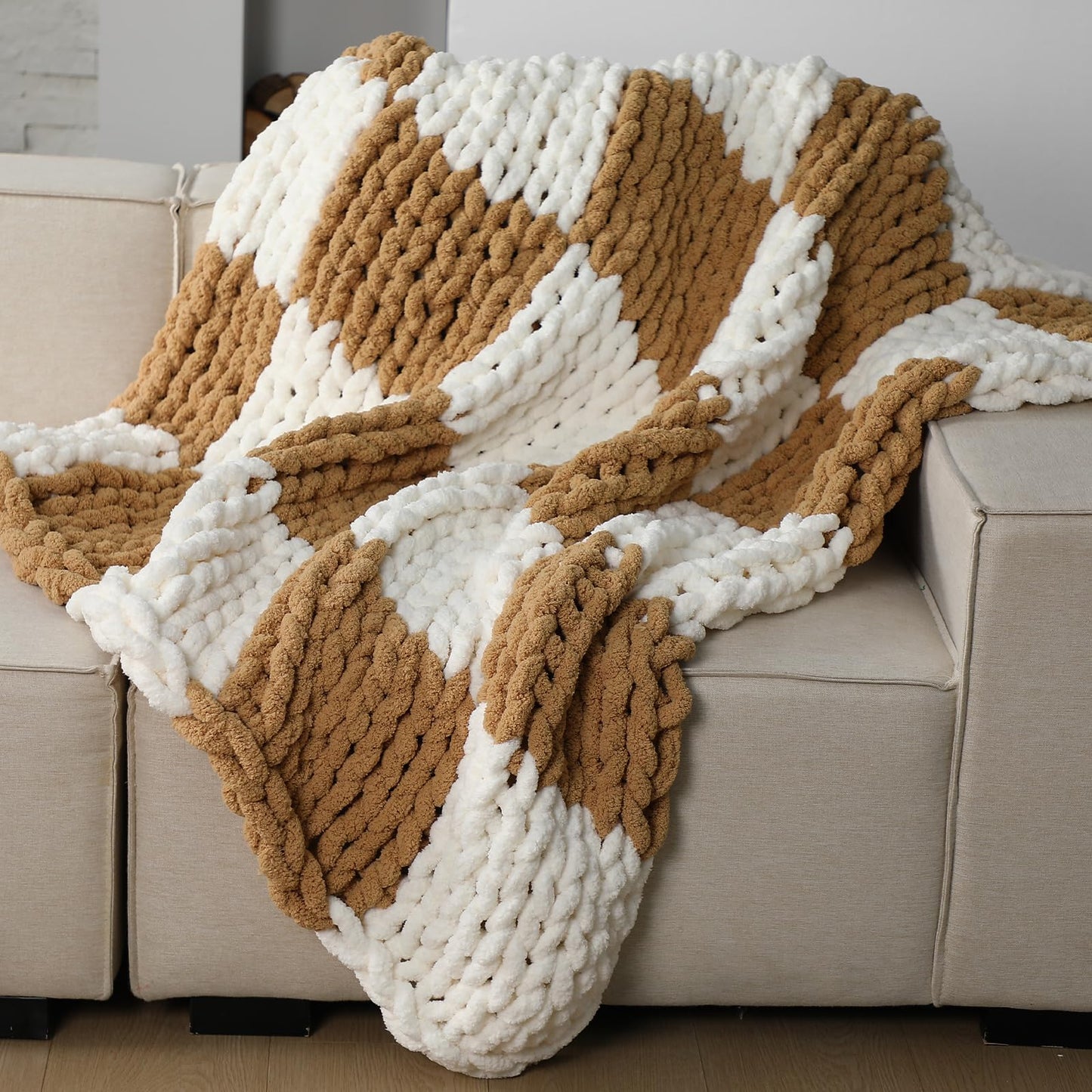 Tudomro Checkered Chunky Knit Throw Blanket for Couch 50 x 60 Inches Neutral Decor 100% Hand Knitted Cozy Soft Large Rope Knot Crochet Blankets for Sofa Living Room(Ivory and Brown)