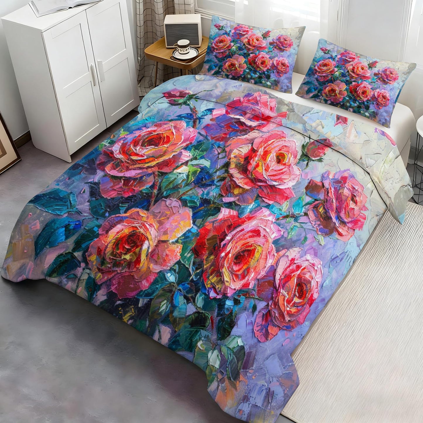 QINYUN Rose Flowers Comforter Set Oversized King, Vibrant Floral Bedding Set 3 Piece, Red Rose Blooming Duvet Cover with Zipper & Ties, 2 Pillowcases