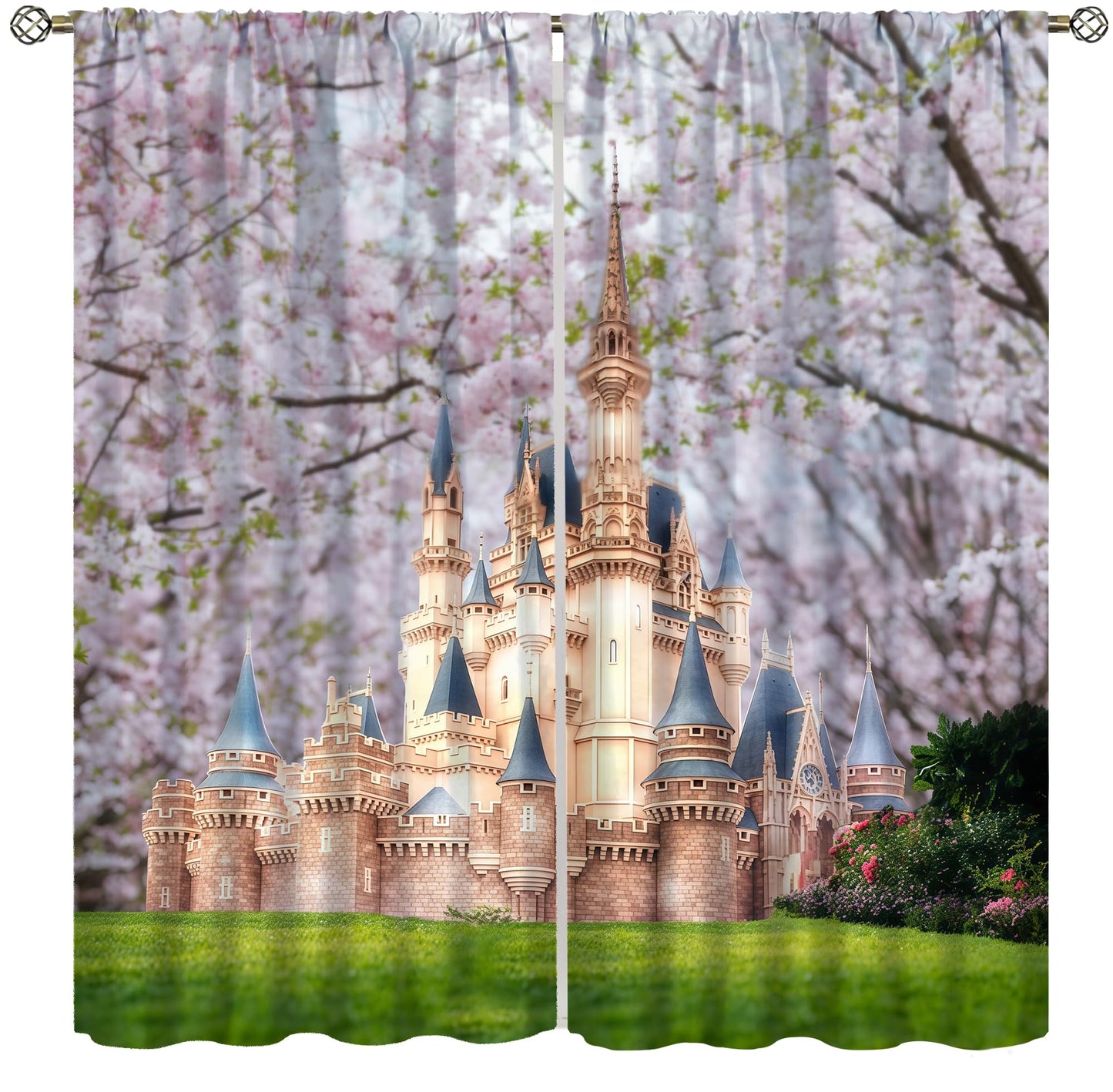 Princess Castle Curtains For Kids Romantic Fairy Tale Castle Flower Garden Rod Pocket Window Treatments for Girls Boys Children Bedroom Nursery Living Dining Room 2 Panels Set 41x 45 in （No Blackout）