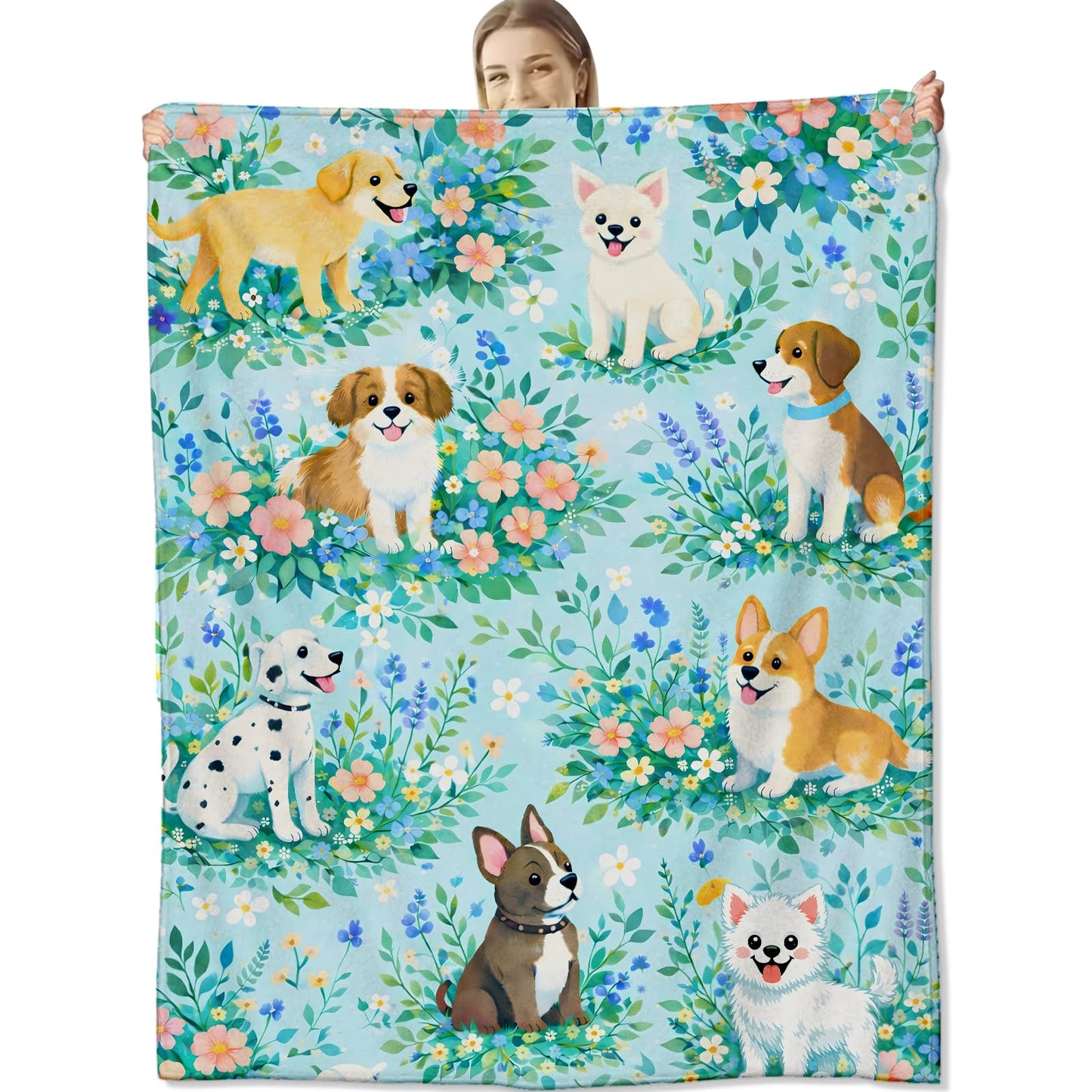 cromcu Dog Blanket for Dog Lovers and Kids Adults, Adorable Floral Puppy Flannel Blankets, Cute Pet Gifts, Blue Soft Warm Cozy Throws for Sofa Couch Bed Living Room Bedroom Home Decor 60" x 50"