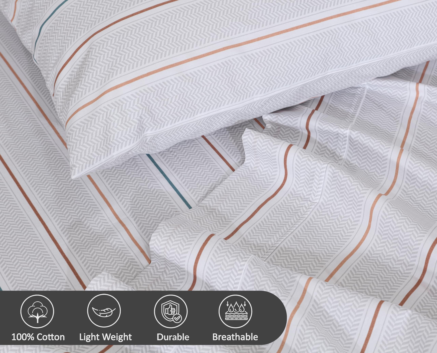 RUVANTI 100% Cotton Percale Sheets Queen Size, Chevron Twill Stripe