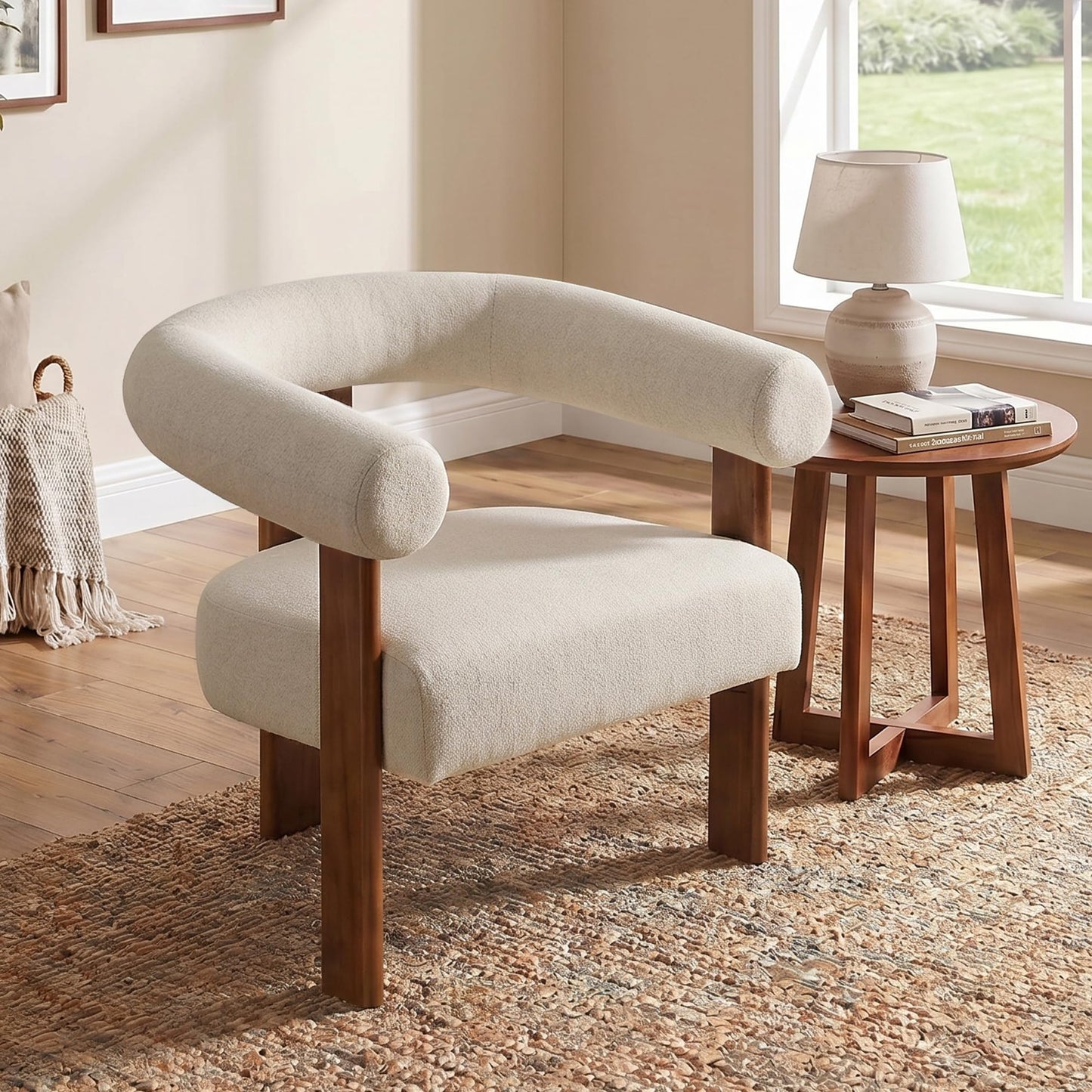 Usaint Upholstered Accent Chairs Set of 2, Mid-Century Modern Arm Chair Living Room Chairs with Walnut Wood Legs, Comfy Barrel Accent Chairs for Living Room, Bedroom, Vanity, Reading Room, Khaki