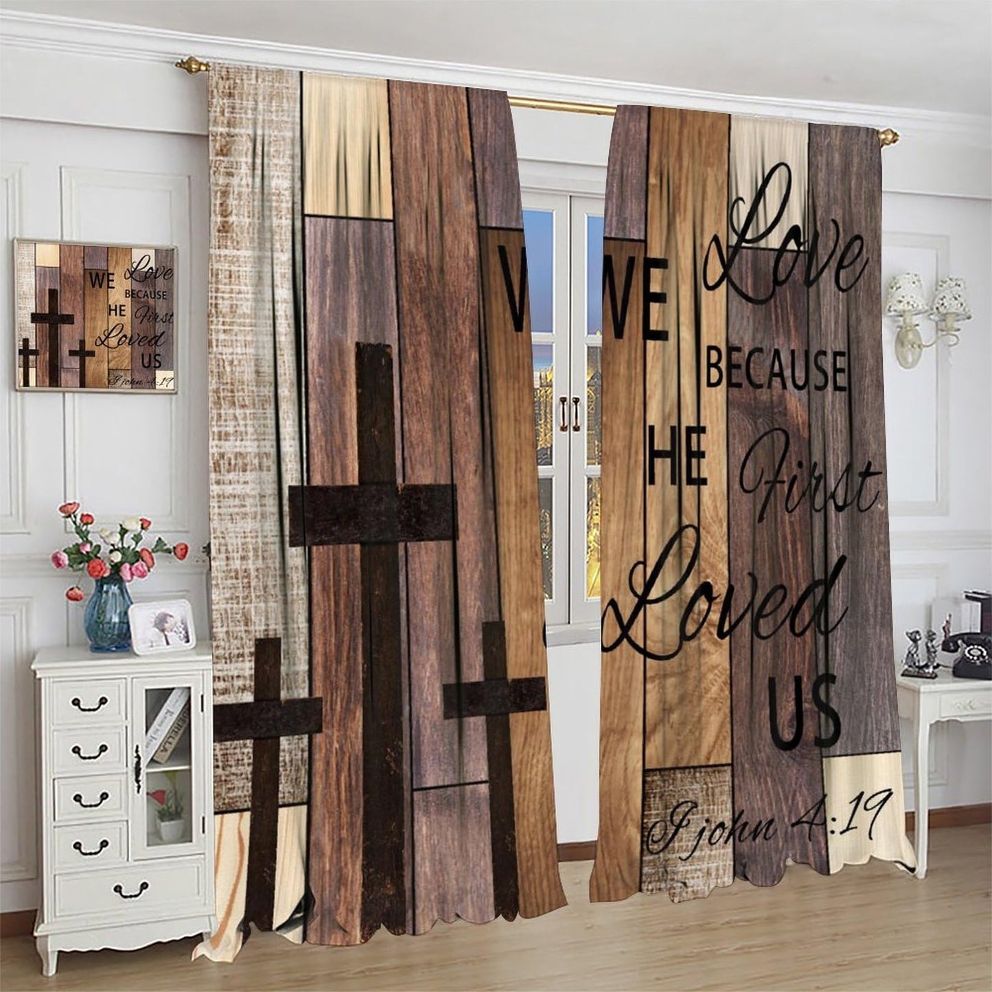 AAVEUP Farmhouse Wooden Curtains for Kitchen Rustic Brown Wood Board Bible Verse Cross Country Cottage Western Barnwood Garage Old Plank Window Drapes Print for Bedroom Living Room 42x45in