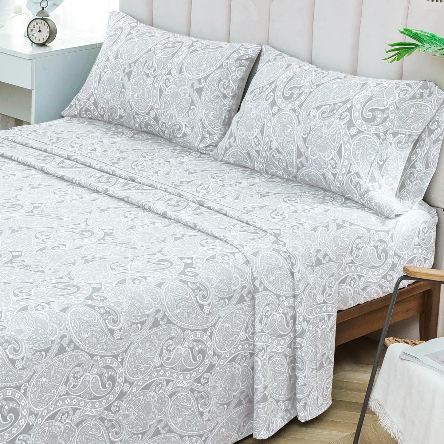 KACEMOO California King Size Sheets, Soft Gray Paisley Bed Sheets, Floral Printed Pattern Sheet Set with Deep Pocket, Breathable 1800 Thread Fitted Microfiber Bed Sheets