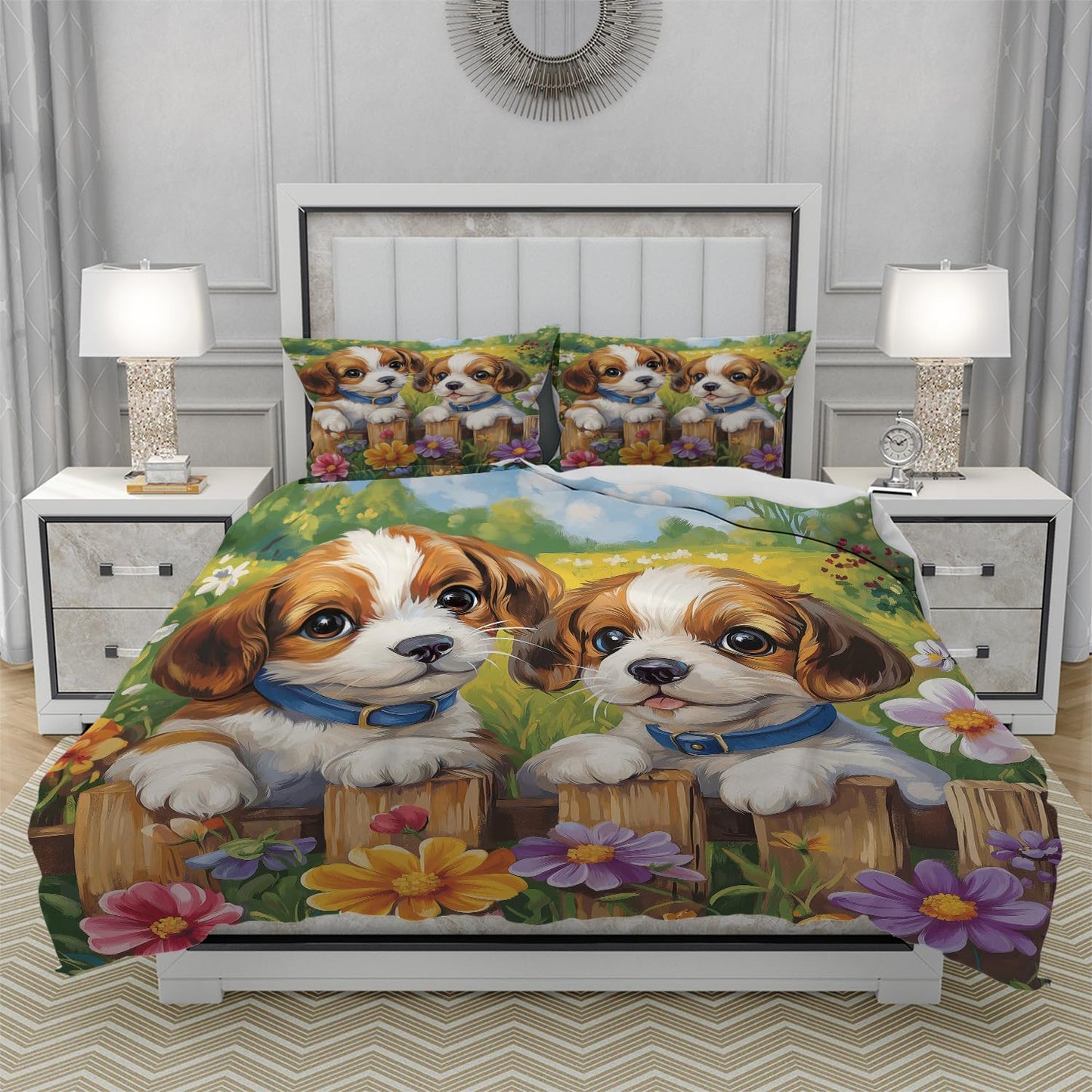 RICQLESC Cute Dog Duvet Cover and 2 Pillow, Cartoon Pet Pug Dog Bulldog Rustic Farmhouse Floral Animal Puppy Comforter Set, Kids Boys Girls Bedding 3 Pieces, King Size 104x90 inch