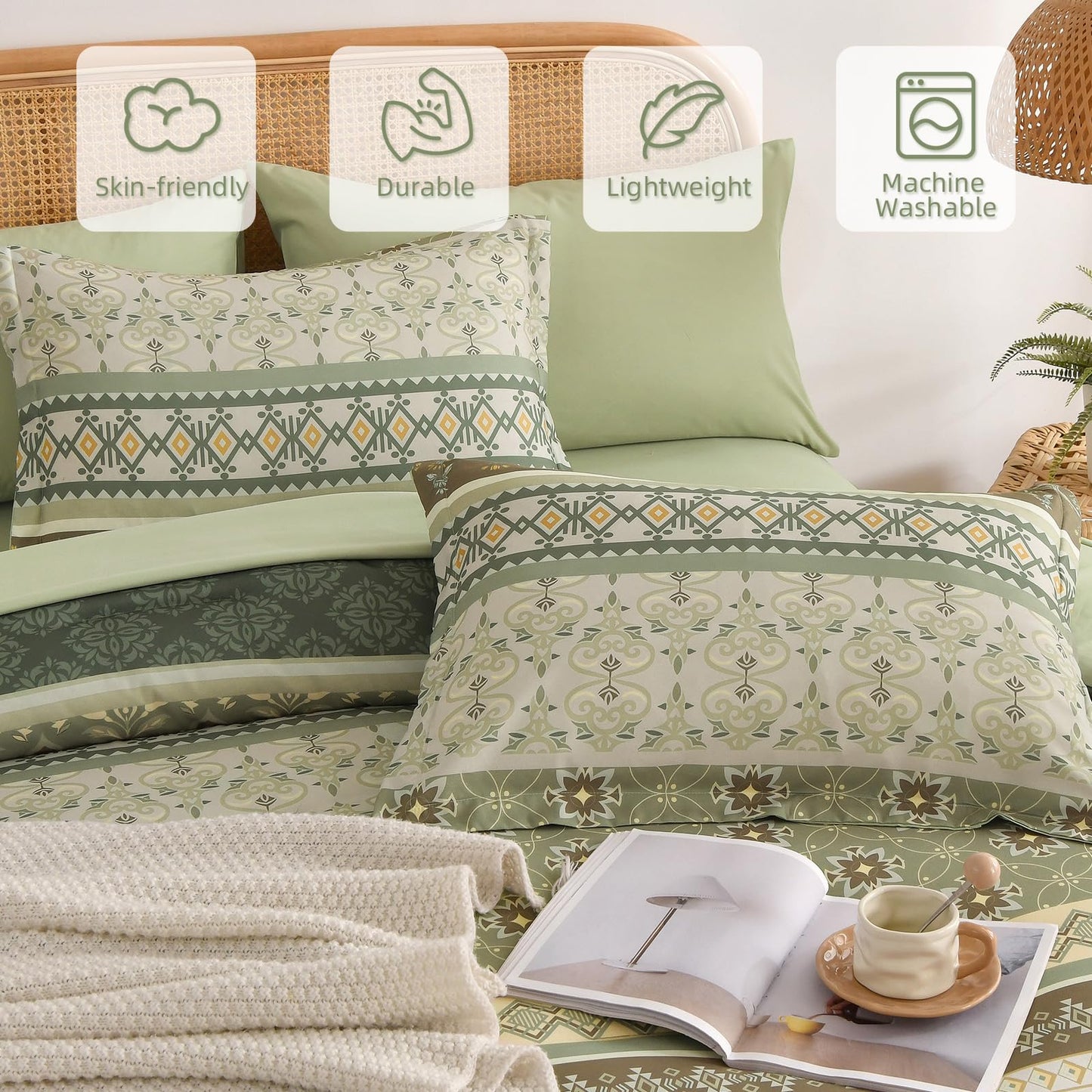 Comforter Set King Size Boho,7 Pieces Bohemian Bedding Comforter Set Striped Bed in a Bag,Grey Green Paisley Floral Comfortet and Sheet Set,Soft Green Gray Bedding Sets for Family